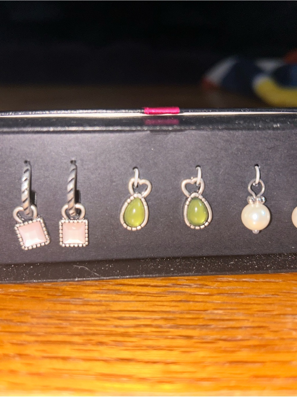 Sterling Silver Green Teardrop and Pink Square Charm Earring Set